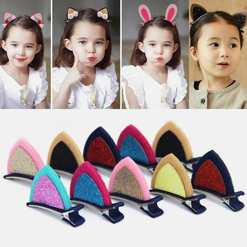 

2pcs/set Bunny Barrette Shiny Sequin Pretty Hair Clips for Girls Rainbow Glitter Cat Ears Hairpin Flower Hair Accessories