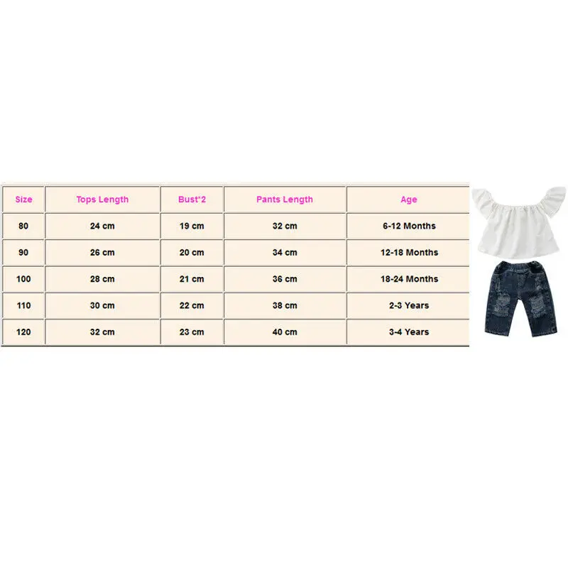 

Kids Baby Girls Clothes Sets Summer Girl 2Pcs Streetwear Off Shoulder T-Shirts Holes Ripped Denim Pants Children Outfits 0-4Y