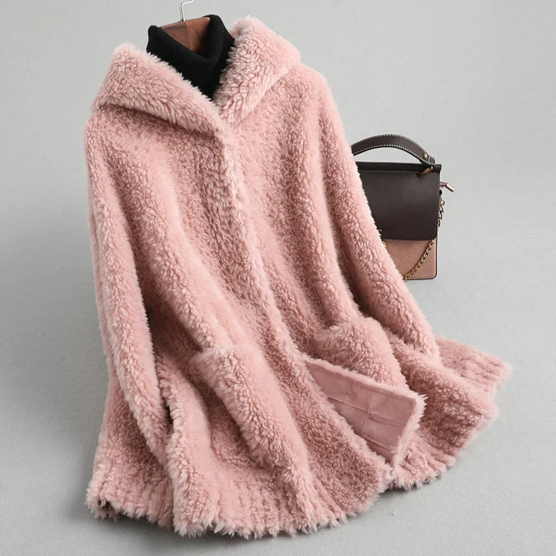 Women Winter Genuine Fur Sheepskin Coats Ladies Hooded Wool Outwear Female Single Breasted Sheep Shearing Jacket X776