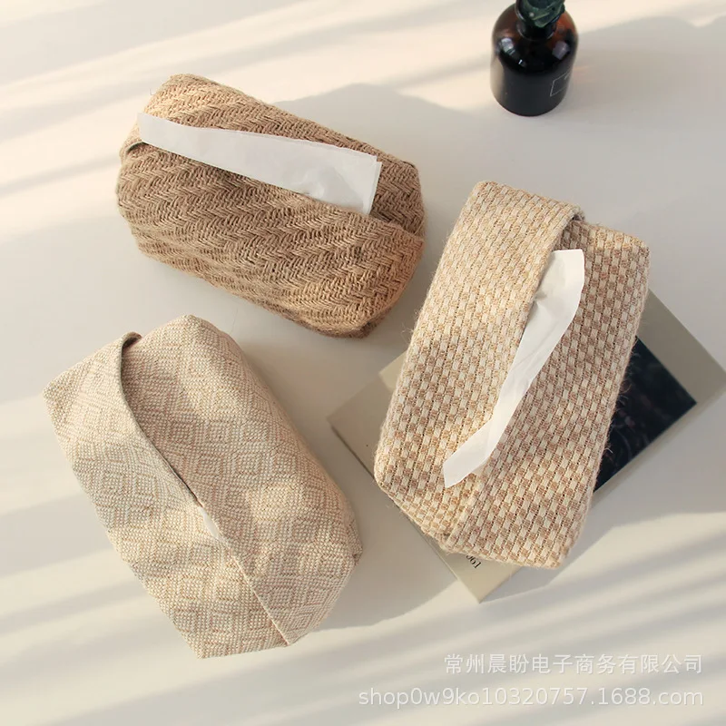 

New Japanese-Style Jute Tissue Case Napkin Holder for Living Room Table Tissue Boxes Container Home Car Papers Dispenser Holder