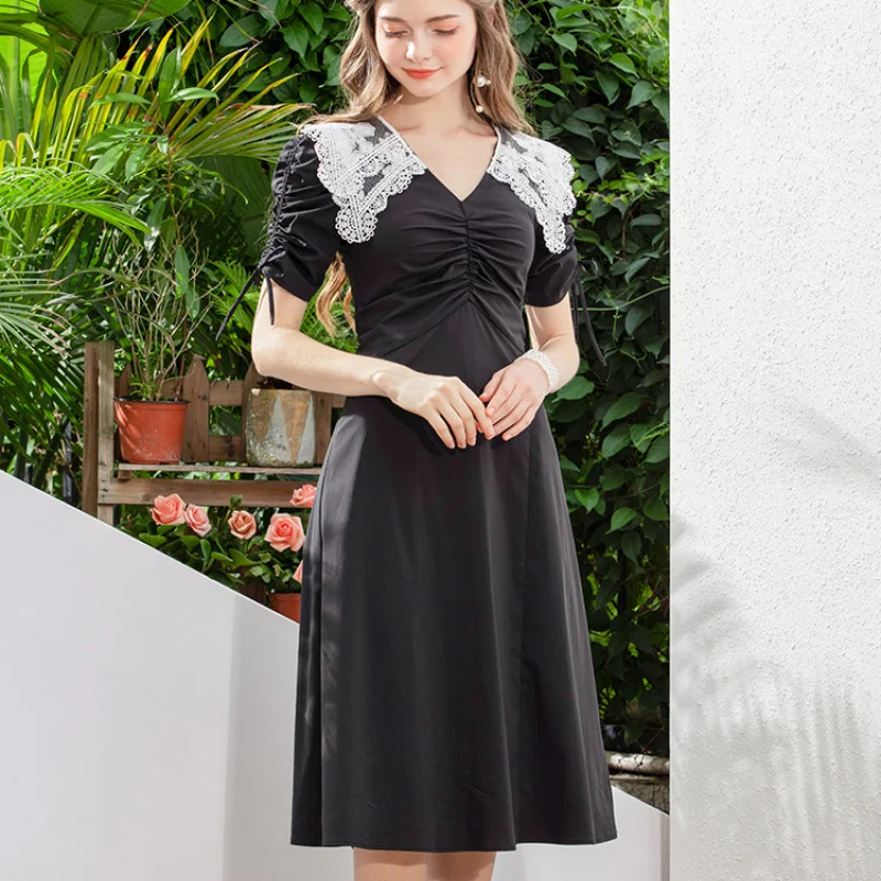

Little Black Dress Mid-length A-line Skirt Navy Collar Vintage French Niche New Summer Lace Lapel V-neck Drawstring Neckline