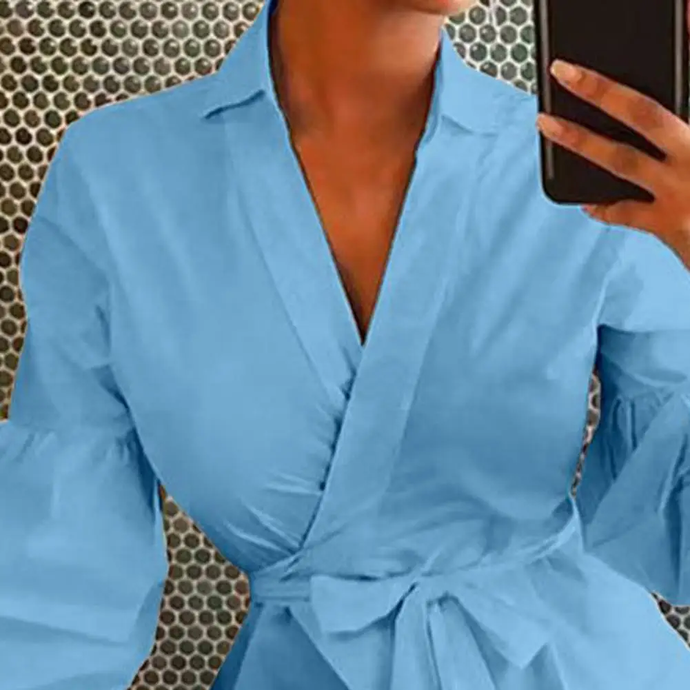 

Lady Temperament Shirt V Neck Lantern Sleeve Women Solid Color All Match Irregular Cardigan Top Streetwear for Daily Wear