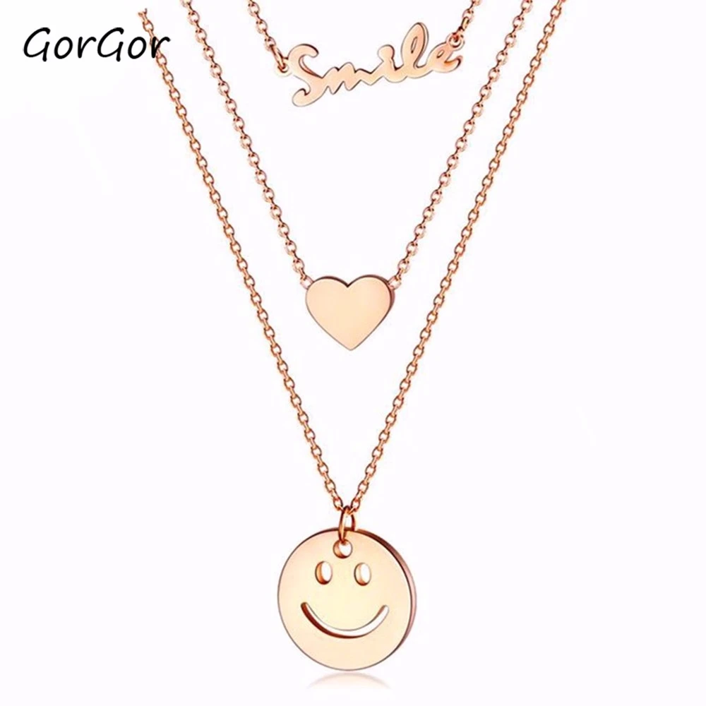 

GorGor Japanese And Korean Fashion Style Round Smiling Face Stainless Steel Multi-layer Titanium Steel Women Necklace 1589