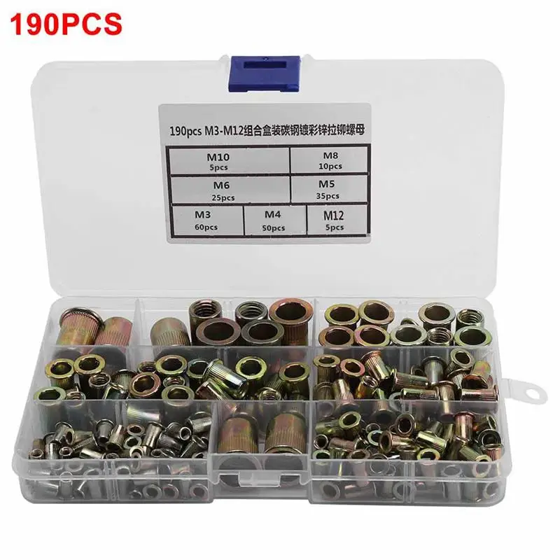 

190 шт. заклепочная гайка, плоская головка, оцинкованная, углеродистая сталь, стандартная гайка, набор в ассортименте, детали