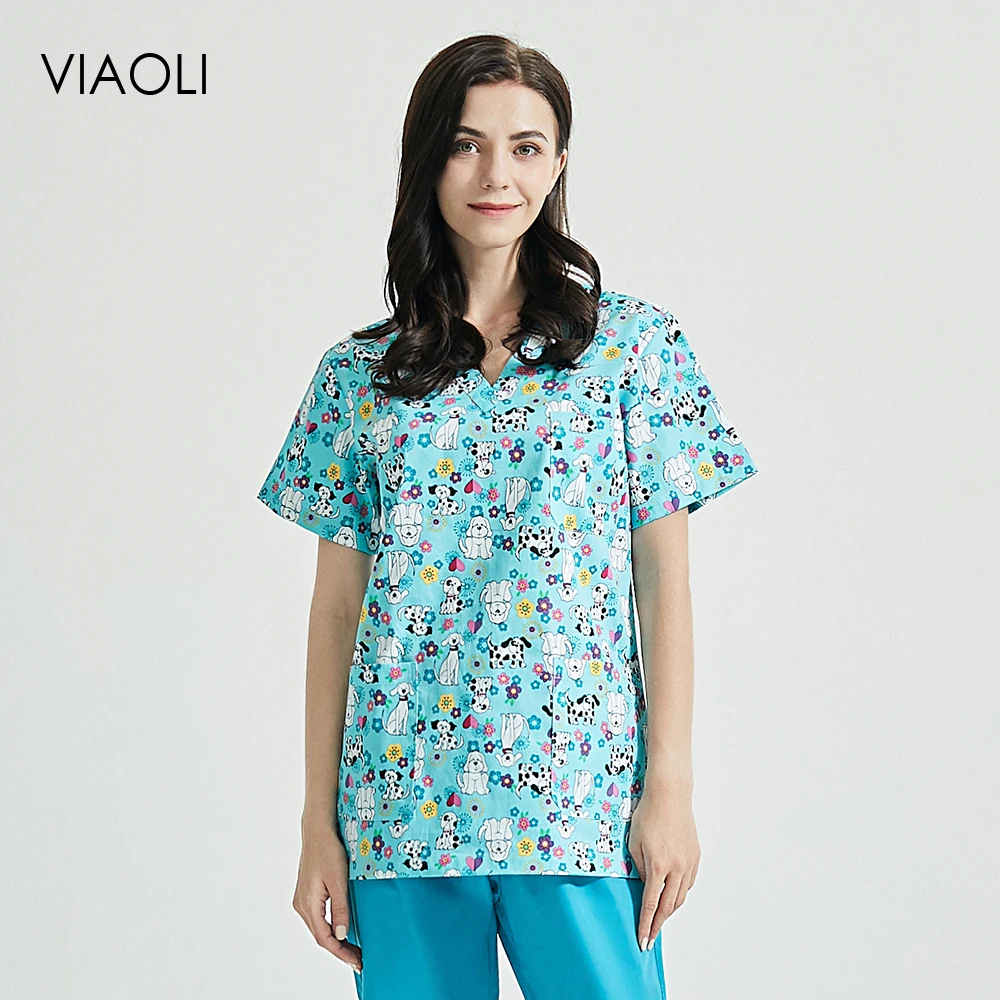 

Scrubs tops Cute Cartoon printing Kindergarten teacher workwear pet scrubs tops/pants/set cleaning job uniforms wholesale price