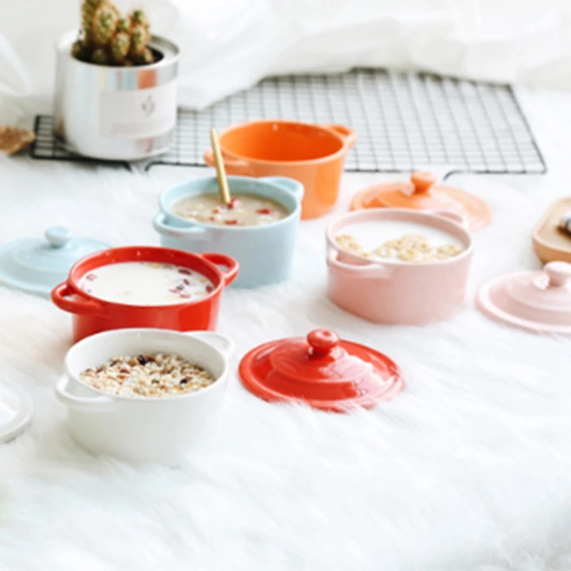 Керамическая пиала для риса столовая посуда с двумя ушами и крышкой чаши супа