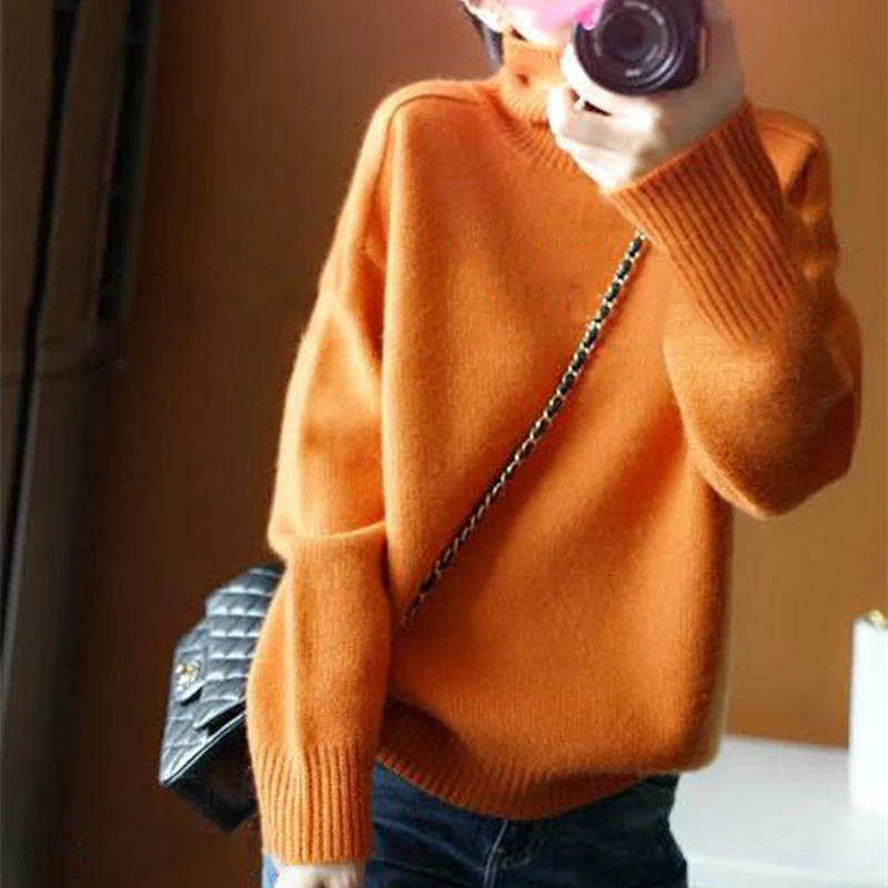 19 осенне-зимний вязаный женский свитер оранжевый с высоким воротником и длинным