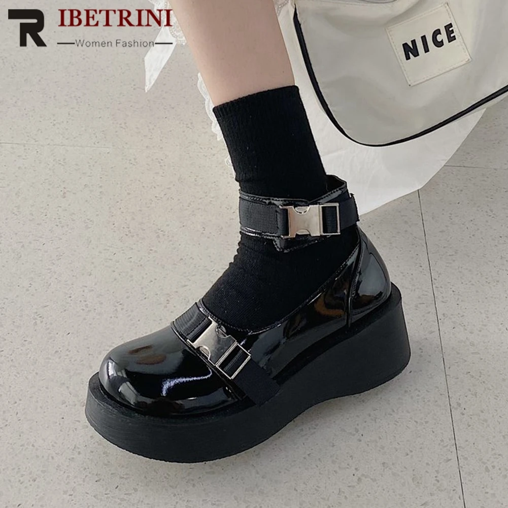 

RIBETRINI Women Fashion Round Toe Marry Janes Shoes Women Black Buckle Wedges Platform Pumps Lolita Chunky Pumps