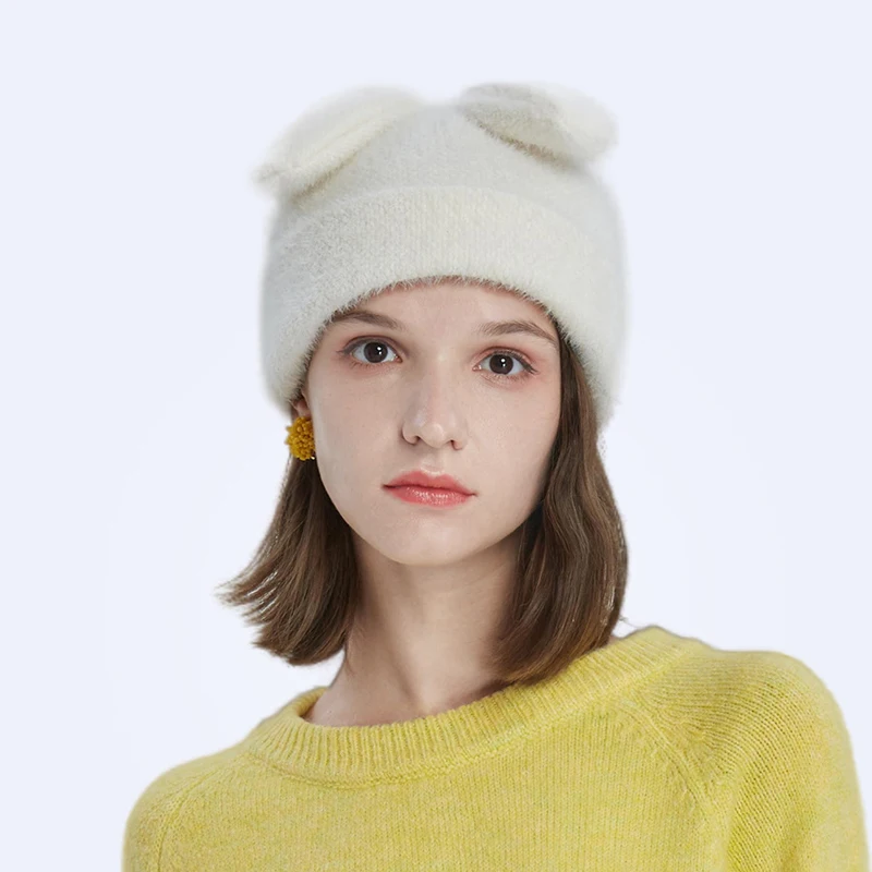 Женская вязаная шапка с кроличьими ушками осенне зимняя теплая бархатная Шапка