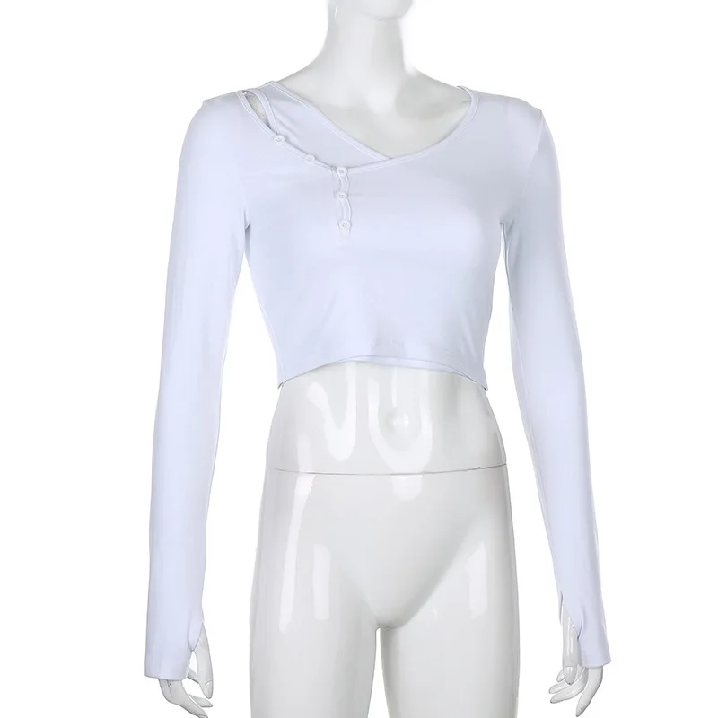 

2020 Autumn Hollow Strapless Asymmetric Collar Sexy White Long Sleeve T-Shirt Women