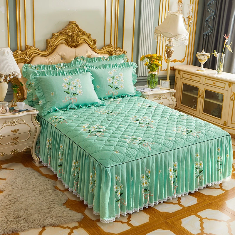 

3pcs Thickened Bed Skirt Polyester Printed Bedspread Bedcover For Queen King Bed With Pillowcase Home Textile cobertores de cama