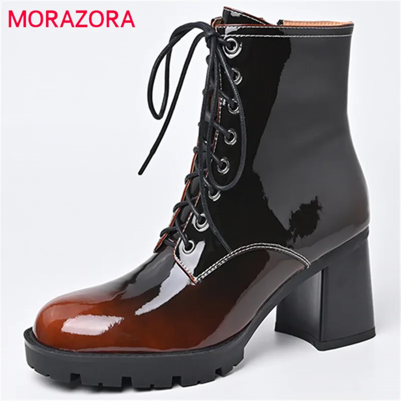 

MORAZORA 2022 New Arrive Patent Leather Ankle Boots Women High Heels Office Shoes Round Toe Lace Up Vintage Winter Boots Women