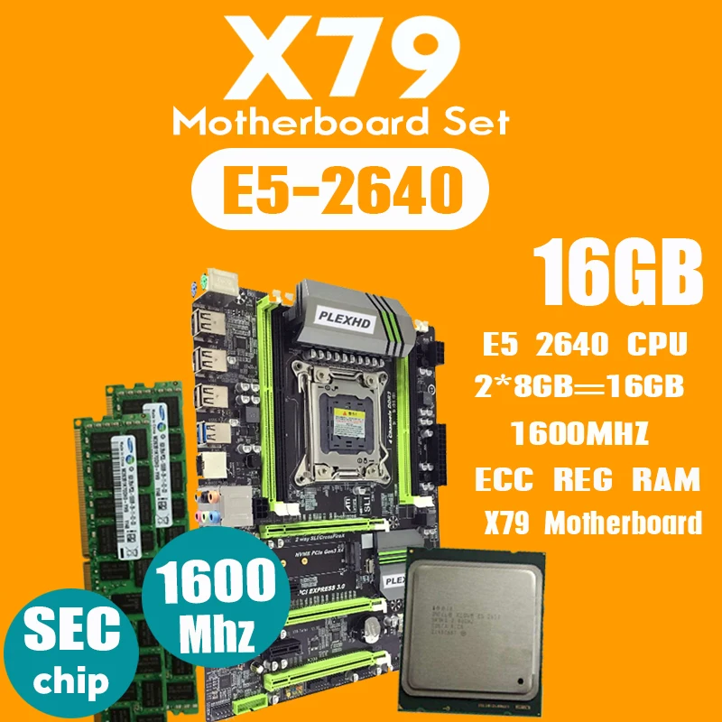 Материнская плата PLEXHD X79 Turbo LGA2011 ATX combos E5 2640 cpu 2 шт x 8 ГБ = 16 ГБ DDR3 ram 1600 МГц PC3 12800R PCI-E NVME M.2 SSD