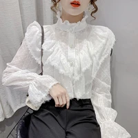 solid stand collar ladies lace tops women shirts blusas feminine 2021 new slim lace blouses shirt long sleeved women top 20i