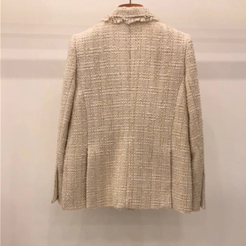 

Frayed Korean Style Vintage Jacket Women Beading Button Long Sleeve Ladies Tweed Coat Outerwear Casual Casaco Femme
