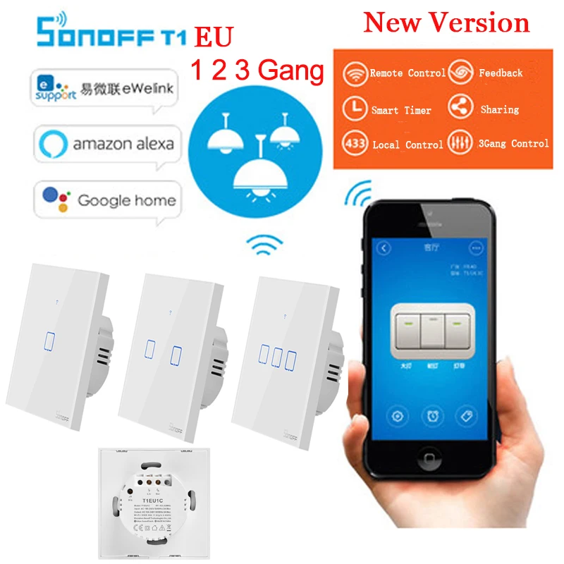 Sonoff T1 EU 1 2 3 банда Умный домашний Модуль светильник настенный переключатель Wifi беспроводной пульт дистанционного управления RF 433 МГц сенсорный переключатель работа с Alexa