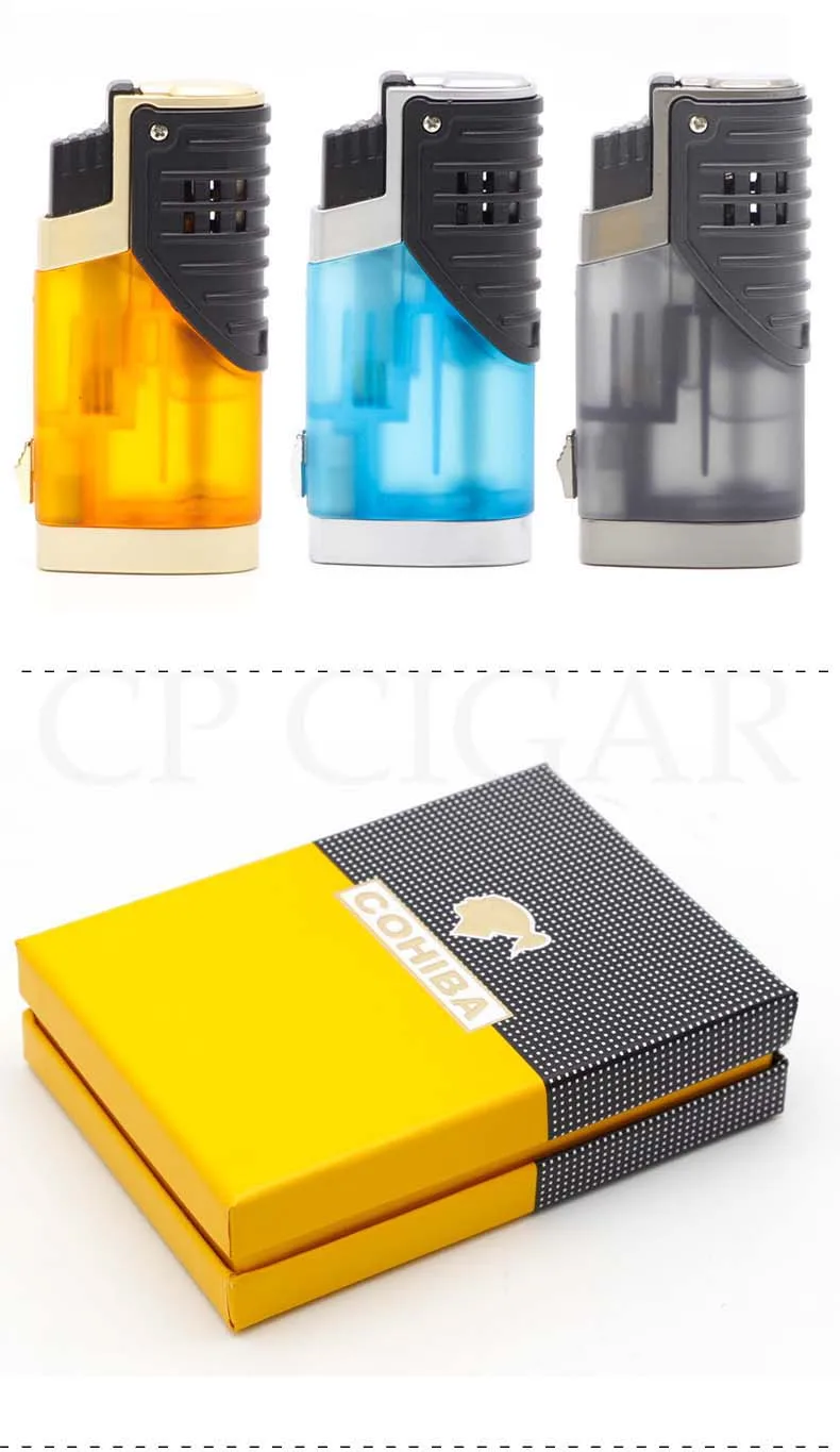 COHIBA сигарные гаджеты Пластиковые зажигалки бутан многоразовая Зажигалка для сигар ветрозащитная карманная сигарета газовая зажигалка W/Подарочная коробка