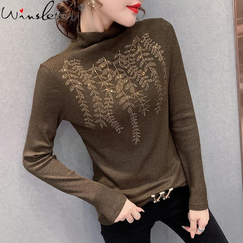 

Женская Толстая хлопковая Футболка MadBlack, толстая осенне-зимняя футболка с блестящими стразами и длинным рукавом, футболки с блестками, T10703A