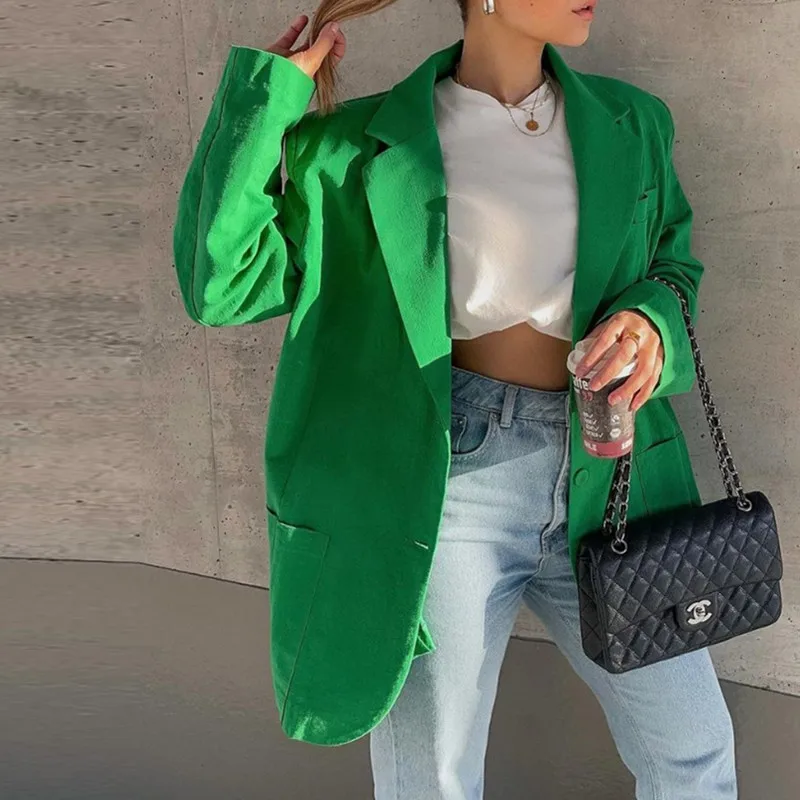 

2021 Fashion Green Oversized Blazer Coat Women Y2K Casual Spring Elegant Vintage Jacket Long Sleeve Ladies Outerwear