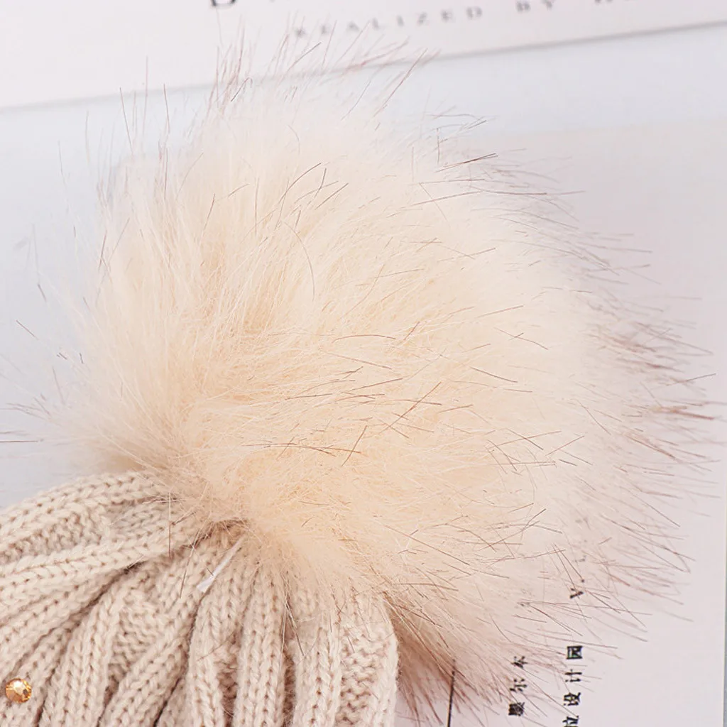 Детская вязаная шерстяная шапка с подшивкой теплая зимняя шапка-стразы помпоном