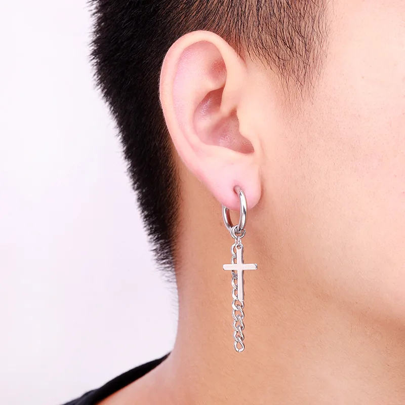

1 pair stainless steel Stud earrings for Men/Women Cross Pendant Long Tassel Unisex Hoop Earrings Punk Gothic Metal Jewelry