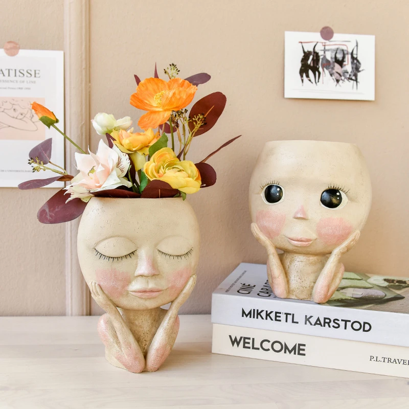 

Nordic INS Girls Face Head Vase Resin Hand Painted Human Portrait Flower Vase Home Living Room Bedroom Tabletop Plant Pot Decor