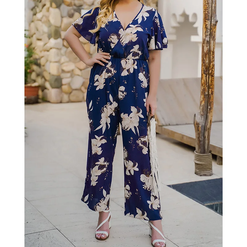 

New 2021 summer plus size jumpsuit for women short sleeve loose blue floral print flower V neck long jumpsuits