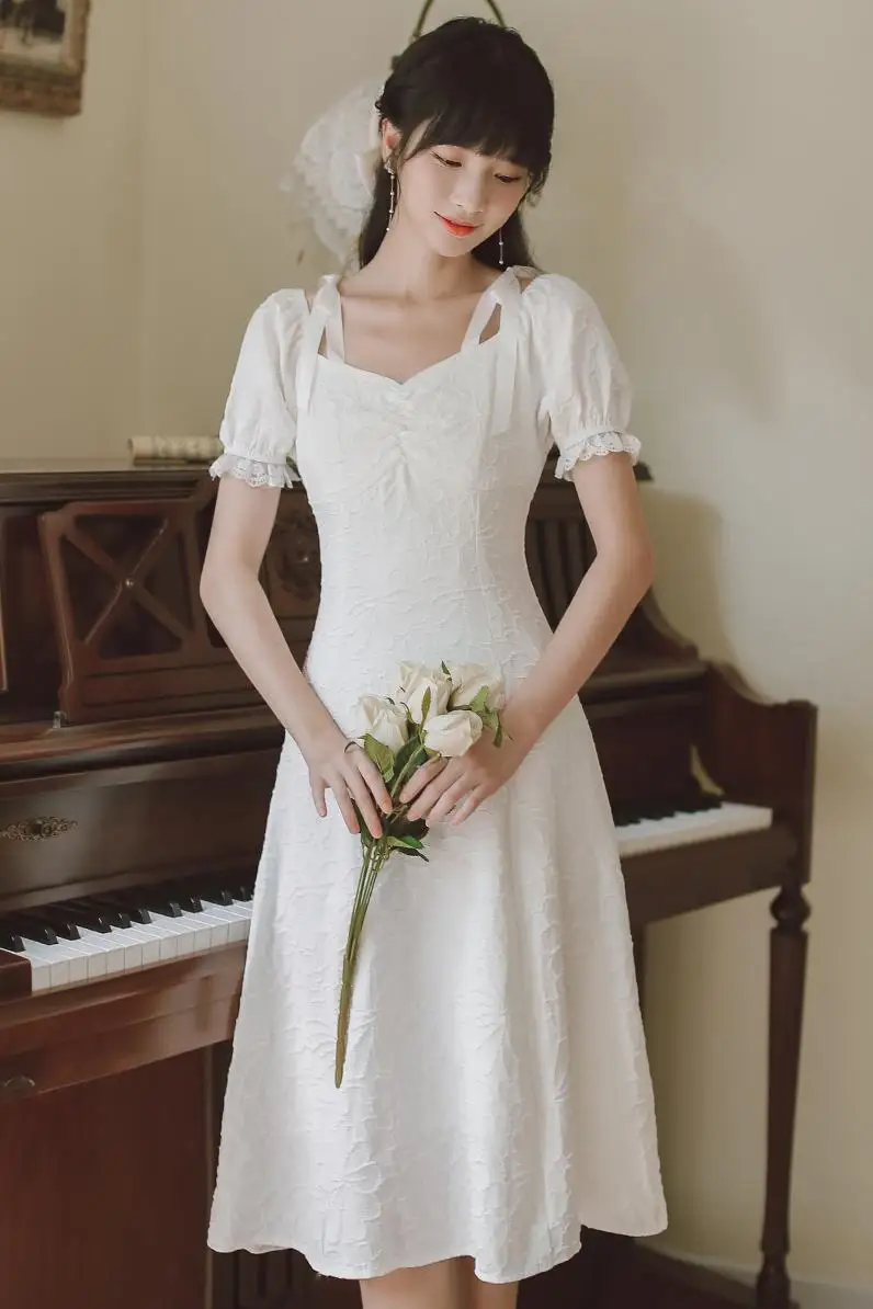 

COIGARSAM French Style Women Long dress Puff Sleeve Dresses White 1578