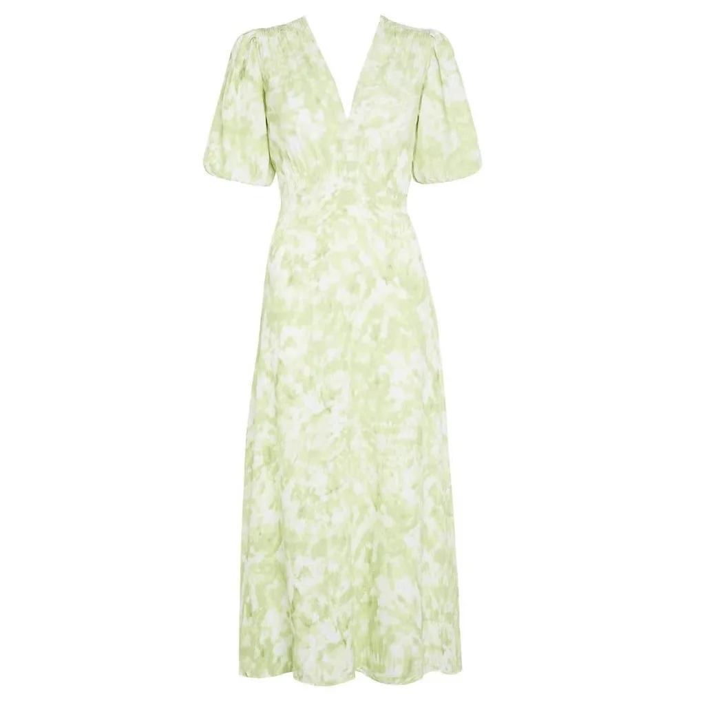 

Green Tie-Dyed V-neck Printed Bubble Lantern Sleeve Waist-Tight Elegant French Style Platycodon Grandiflorum Long Dress