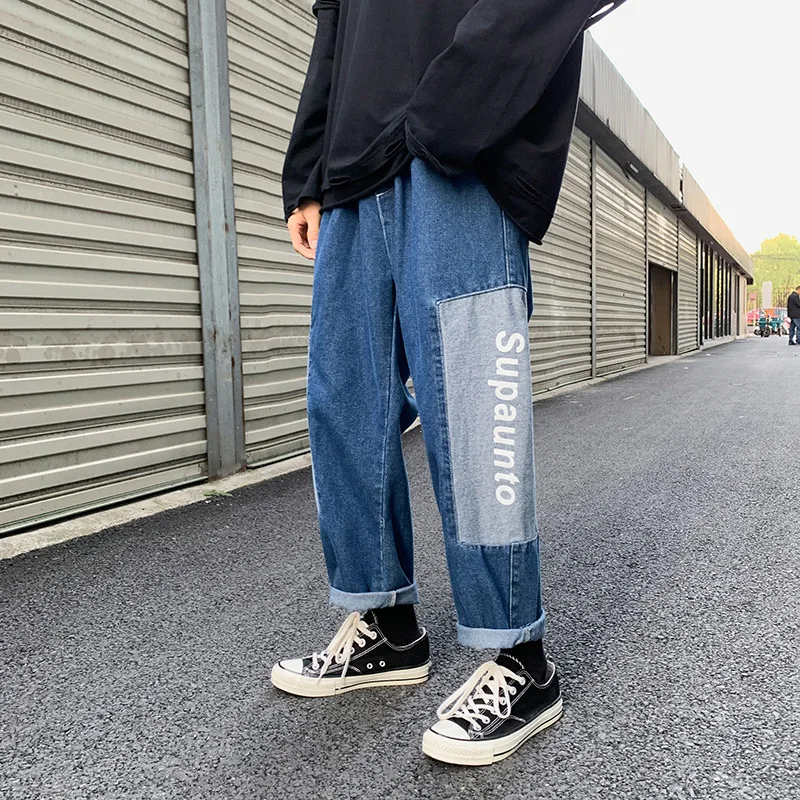 

ICCLEK Autumn Straight Jeans Men's Color Matching Loose Jeans Fashion Casual Pants Plus Size Jeans Mens Street Wear