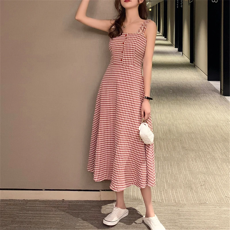 

Sweet Plaid Women Dress Vintage Button Square Neck Midi Ladies Dress Preppy Style Spaghetti Strap High Waist A-line Dresses