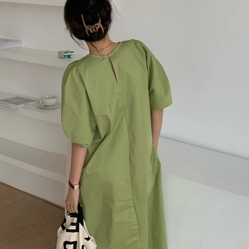 

2021 New Women Summer Loose Straight Long Dress Cozy Brief Puff Sleeve Round Collar Pullover Maxi Sundress