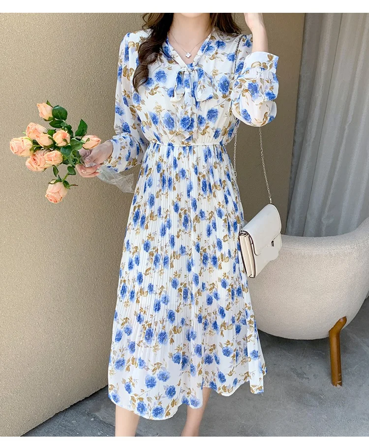 Hebe&Eos New Autumn Elegant Chiffon Dress 2021 Vintage Floral Print Boho Dress Woman Long Sleeves Pleated Midi Dresses Vestidos