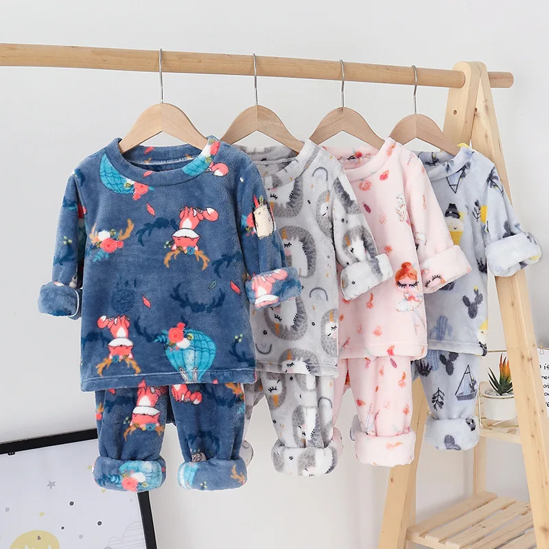 Pijamas de franela de manga larga para ni&ntilde;os y adolescentes, ropa de dormir para el hogar, de invierno-5