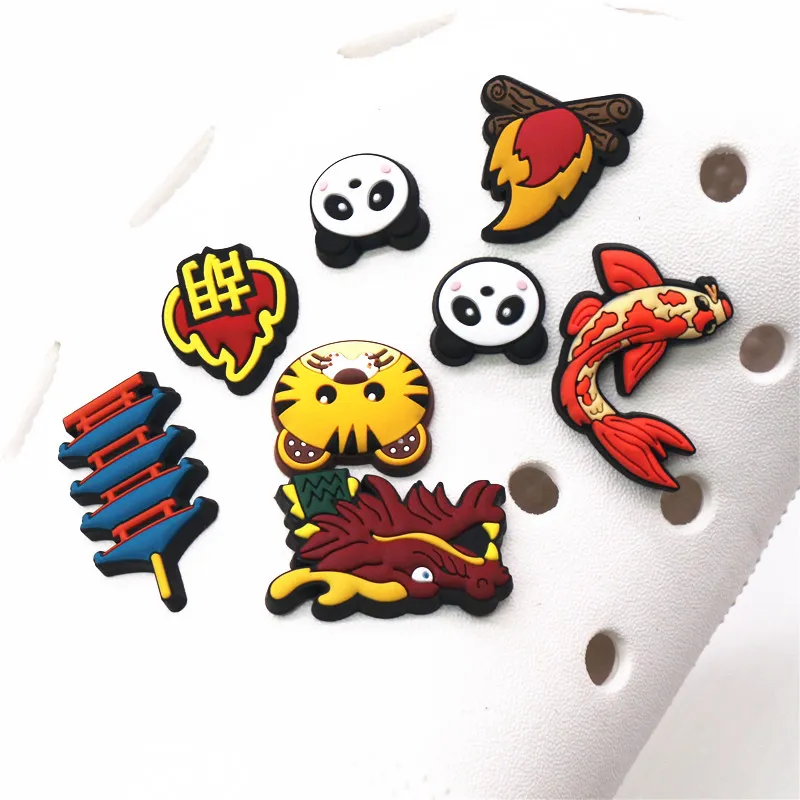 High imitation 1pcs Dragon PVC Shoe Charms Accessories Carp Bonfire Panda Tower Tiger JIBZ fit Croc Charms Bracelet Kids Gifts