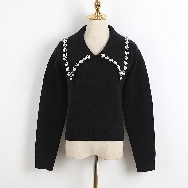 

Knit Sweaters Women Pullover Sweater Top Beads White Long Sleeve Black