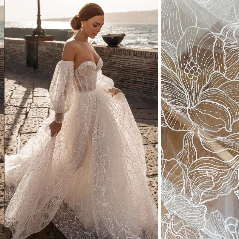 Unique Off White Tulle / Net French Embroidery French Bridal Wedding Dress Lace fabric DIY sewing fabric lace