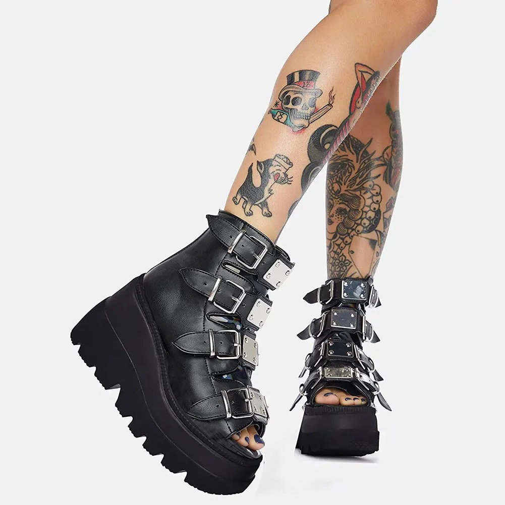 

For Dropship Big Size 43 Fashion INS Gothic Cosplay Open Toe Chunky Platform Sandal Summer Boots High Heels Wedges Shoes Women