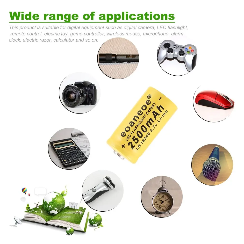 Yellow EU Charger 4pcs 3.7V 2500mAh Li-ion 16340 Battery Rechargeable Batteries with Charge for Laser Pen LED Flashlight Cell |