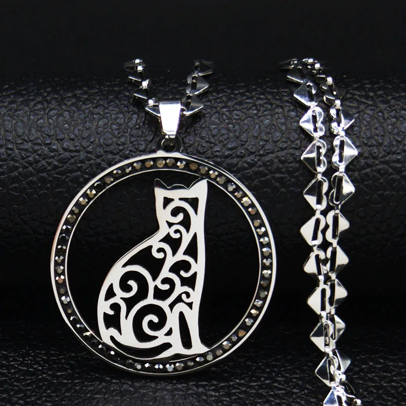 2021 модное черное ожерелье из нержавеющей стали с кристаллами для женщин кошкой