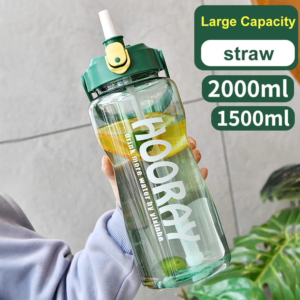 

2000ml Large Capacity Water Bottle Leakproof Water Jug with Straw Portable Sports Kettle for Fitness Gym Outdoor Hiking Travel