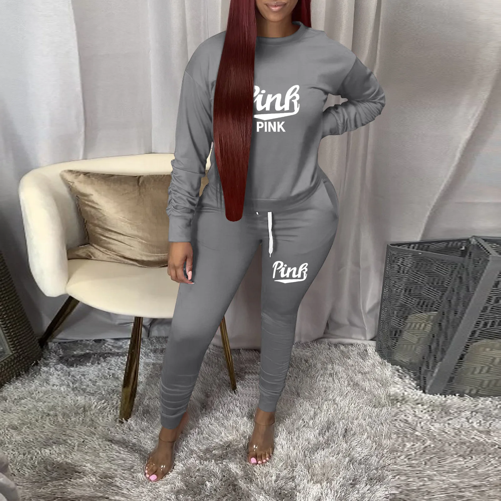 

New Spring Fall Casual Pink Letter Print Two Piece Outfits for Women Full Length Elastic Waist Pants Leggings and Tops Set