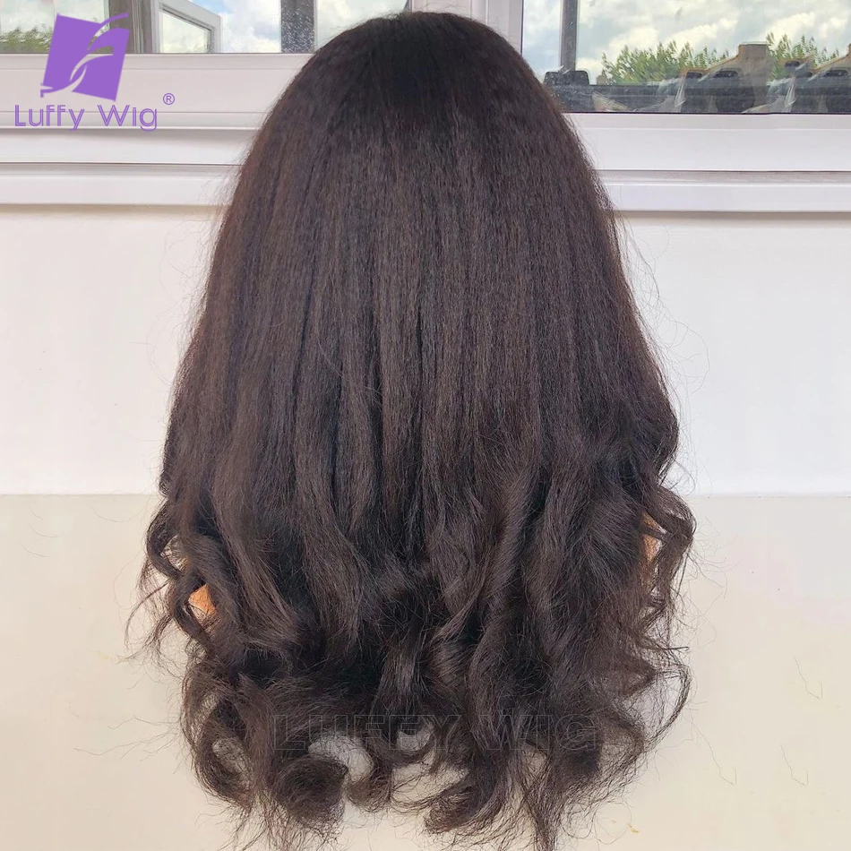 200 Density Yaki Wavy Human Hair Wigs With Bangs Machine Made Scalp Top Wig Remy Brazilian Human Hair Wigs For Women Luffywig