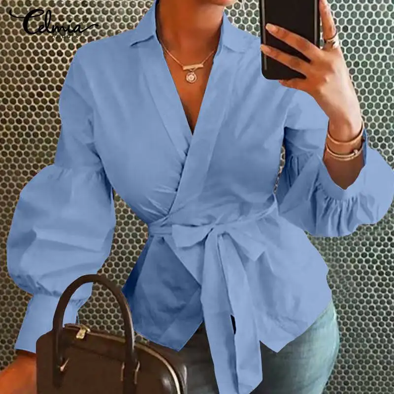 

Women Fashion Belted Shirts Celmia 2021 Vintage Lantern Long Sleeve OL Tops and Blouses Casual Loose Elegant V-Neck Tunic Blusas