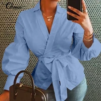 women fashion belted shirts celmia 2021 vintage lantern long sleeve ol tops and blouses casual loose elegant v neck tunic blusas