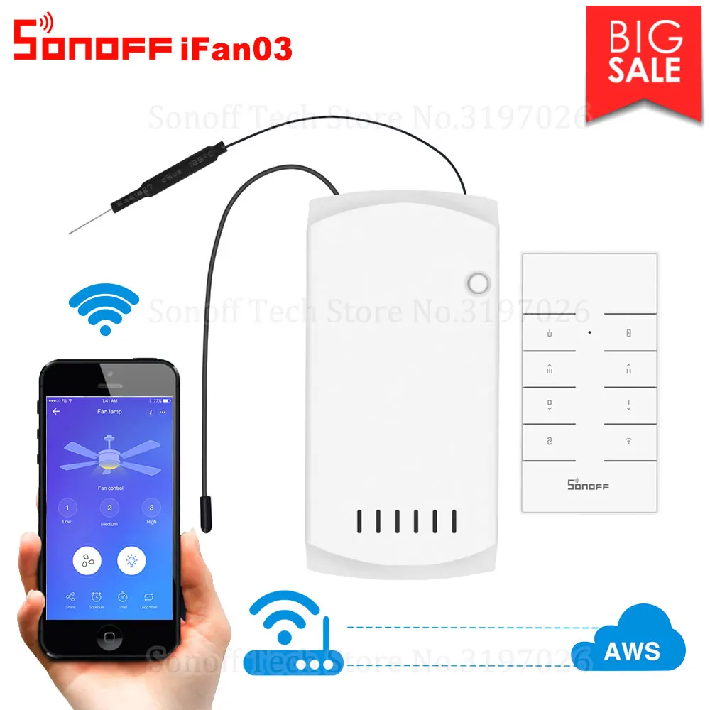 Itead Sonoff iFan03 433 мгц радиочастотный переключатель с дистанционным управлением скорость регулируемый Умный вентилятор переключатели WiFi поддерживает Google Home Alexa