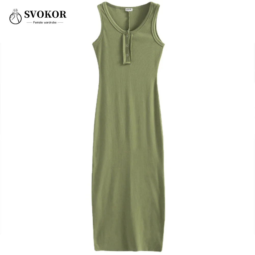 

SVOKOR Side Split Dress Women Sexy Sleeveless Solid Knitted Ankle-Length Party Dress Slim Elastics Off Shoulder Cotton Vestido