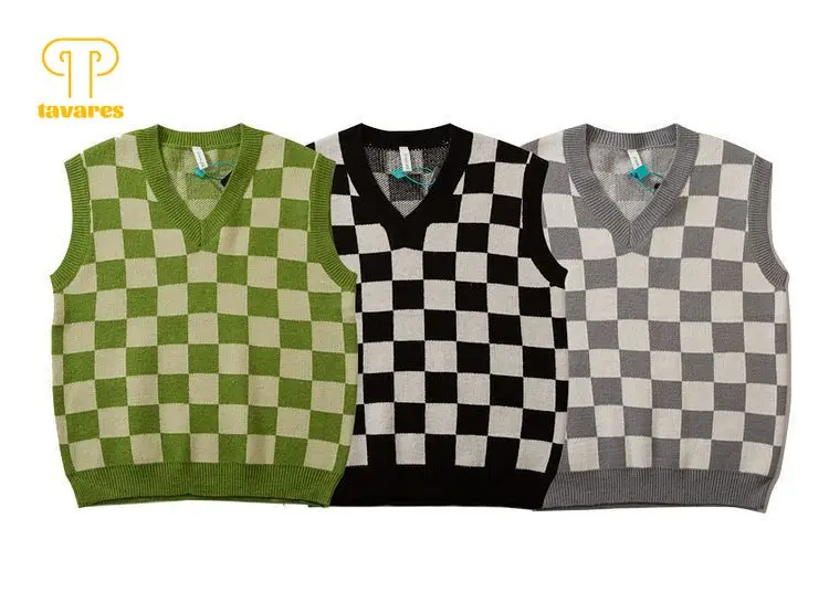 

TAVARES Sweaters Vest Autumn Winter Clothes Women V-Neck Pullover Knitwear Plaid Argyle Knitted Waistcoat Vintage Top Streetwear