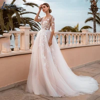 boho wedding dress 2022 simple o neck tulle beach party gown a line appliques vestido de novia civil custom made