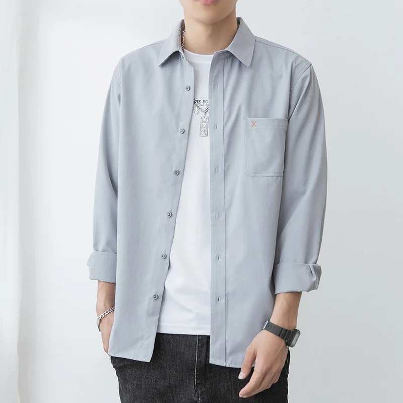 

Мужская рубашка с длинным рукавом, повседневная облегающая Однотонная рубашка в Корейском стиле, новинка 2021